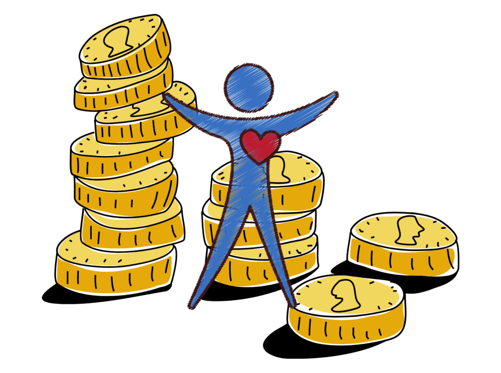 blue cartoon person with read heart holding hands open standing in front of coins representing health is wealth