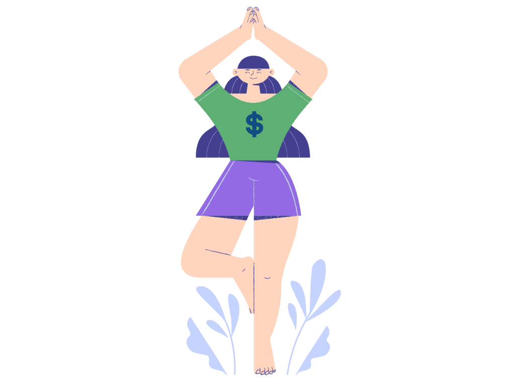 woman with green shirt and purple shirt with a dollar sign on her chest doing yoga representing health is wealth