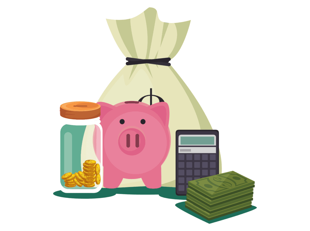 pink piggy bank standing next to cash and money bag representing that if you apply the health is wealth mentality you can save money