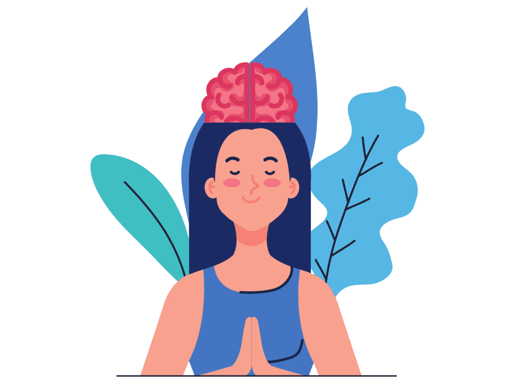 woman praying or meditating in blue tank top smiling and a brain representing good mental health