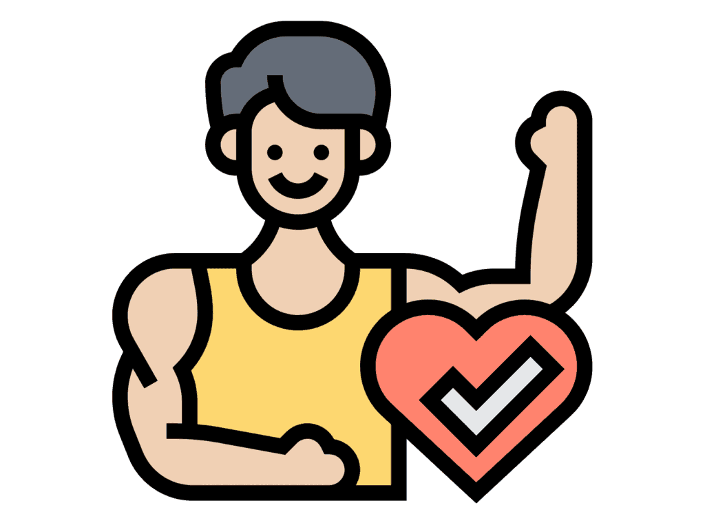 young man in yellow tank top smiling and flexing with a red heart showing that he is young and healthy
