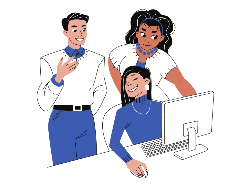 three people working at a computer smiling representing that the social aspect of work can fill your soul