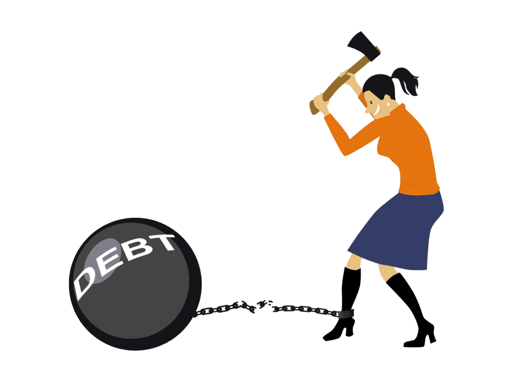 woman chopping a debt ball and chain representing tips to help you live within your means