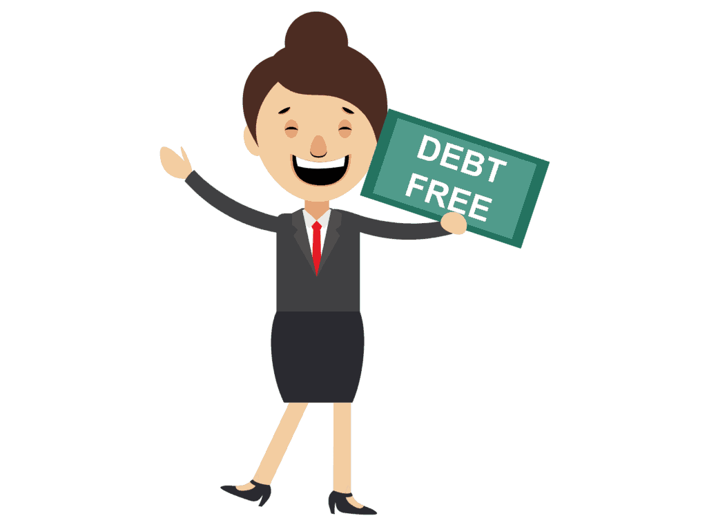 woman happy holding a debt free sign because she followed good frugal living tips 