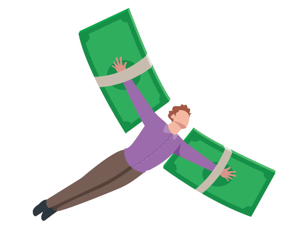 man flying with money strapped to his arms because he knows why you should save money and got financially independent 