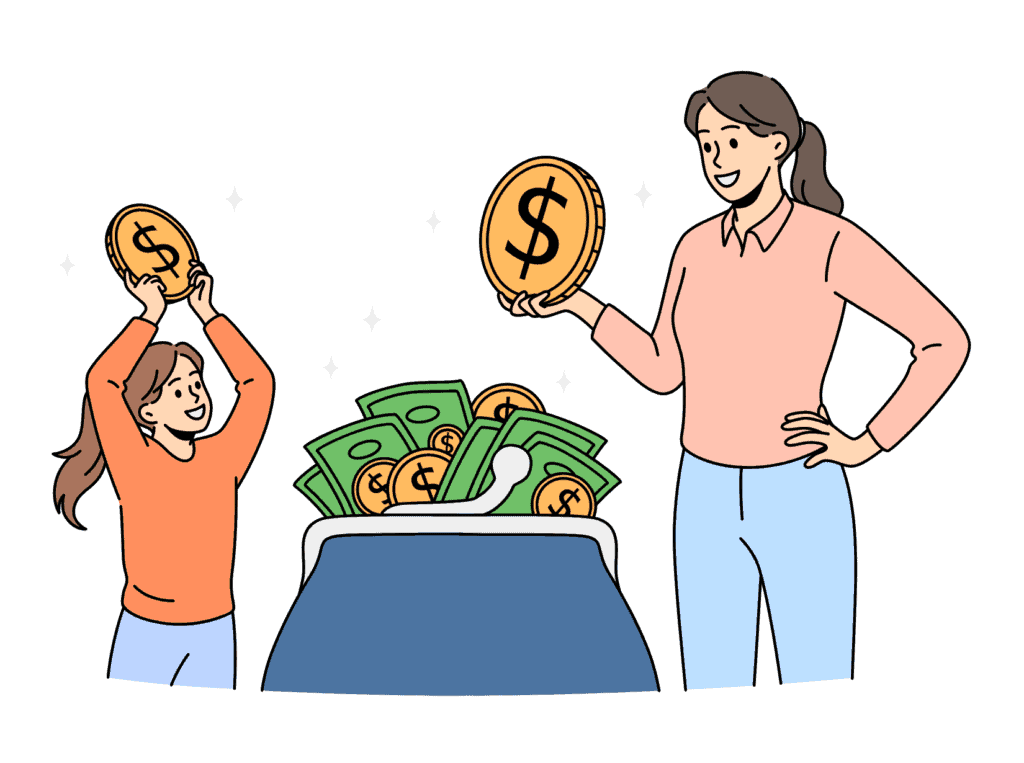 a filled bag of money and a mom and daughter putting money in it