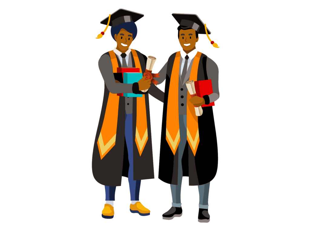 two young adults standing happy at a college graduation because they graduated 