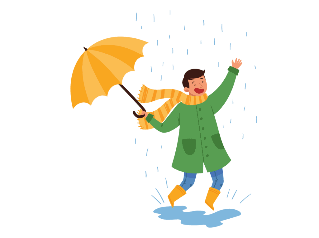 person in green jacket yellow umbrella playing in the rain because they know how to enjoy life without money
