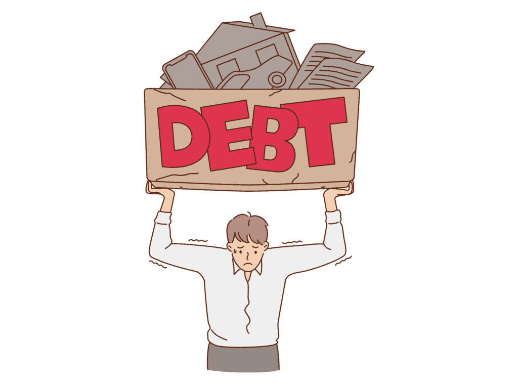 man holding a debt sign