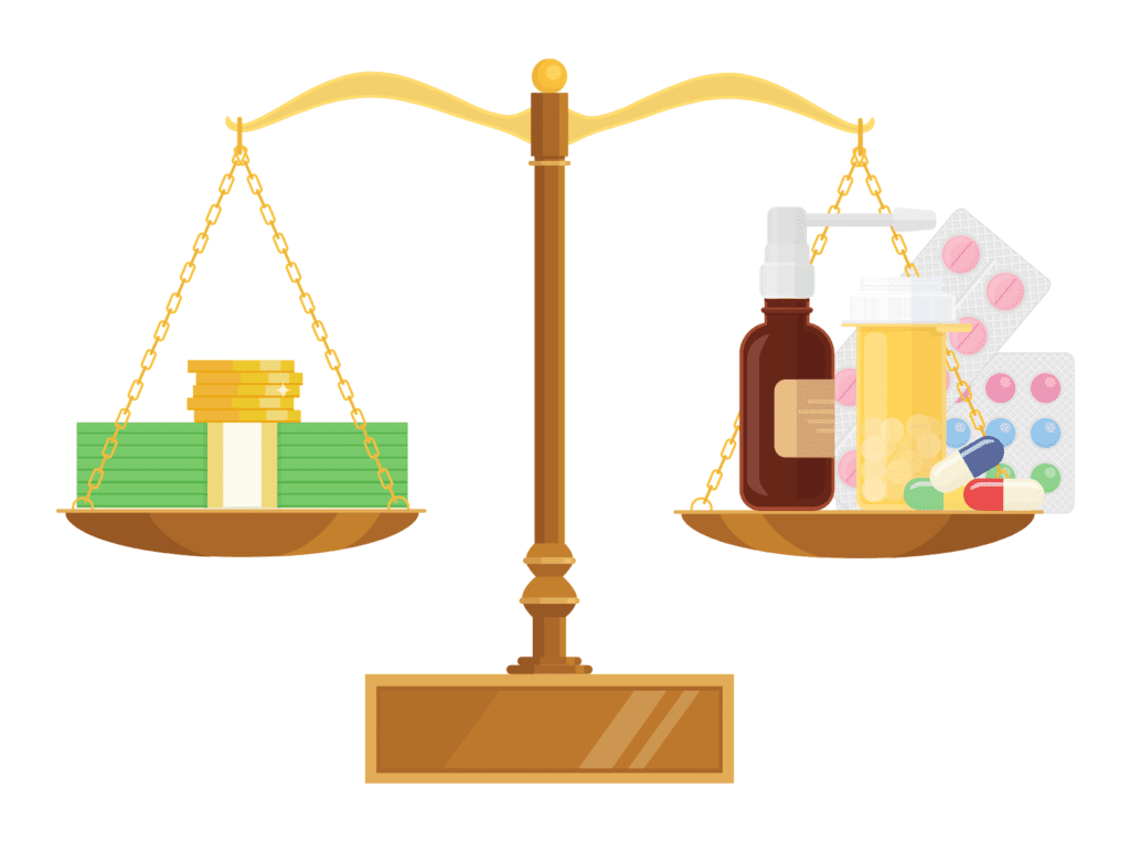 scale with money and supplements representing how much money is enough to live comfortably