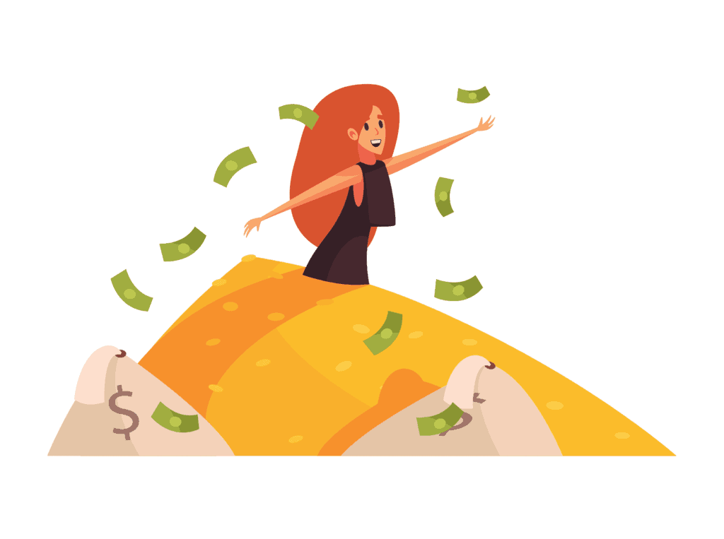 woman happy in a pile of money representing how much money is enough to live comfortably