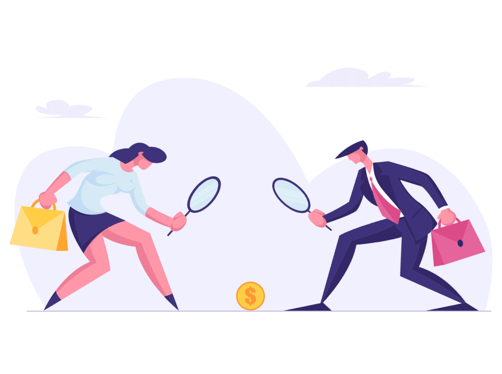 man and woman using magnifying glass at money representing an investors goal