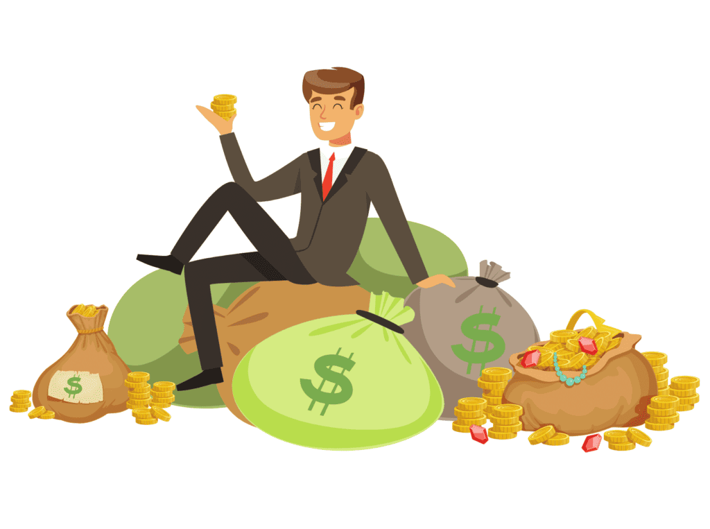 man sitting on money representing accumulating wealth