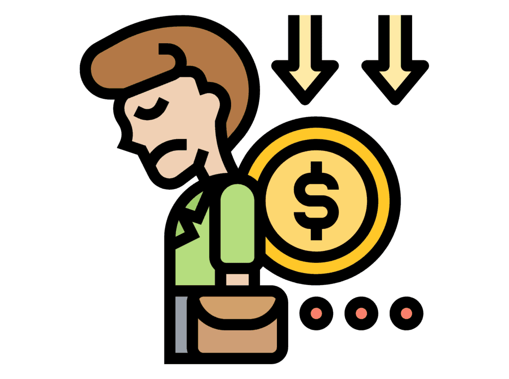 sad person coin downward arrows representing a personal financial crisis