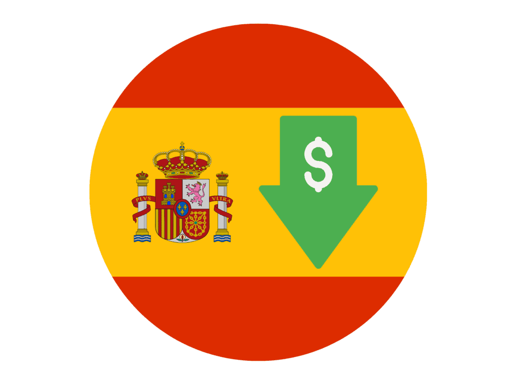 Spain flag and dollar sign down representing the cheapest place to live in SpainSpain flag and dollar sign down representing the cheapest place to live in Spain