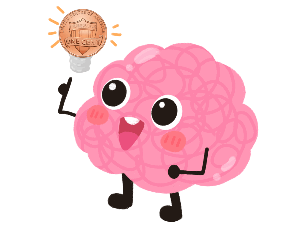 pink brain pointing at penny representing making sense of cents 