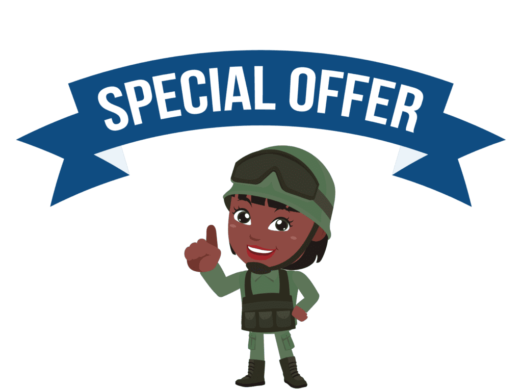 special offer person pointing Bobs Furniture military discount 